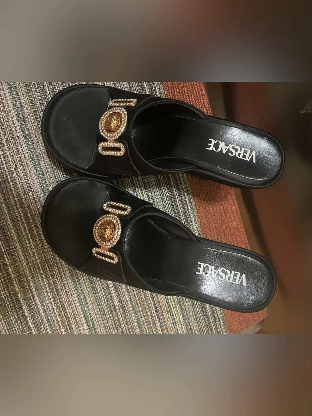 Versace Black Platform Slide Sandals with Gold Medallion Accent - Picture 6 of 8